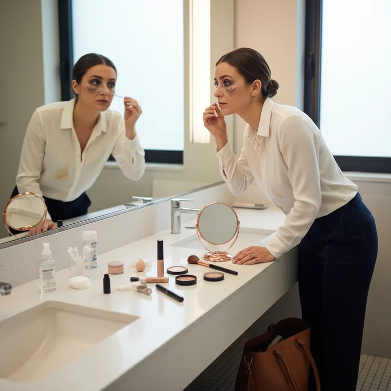 Poprawa kreski i odświeżenie makijażu oczu po pracy z użyciem korektora, pudru i eyelinera dla świeżego, eleganckiego looku