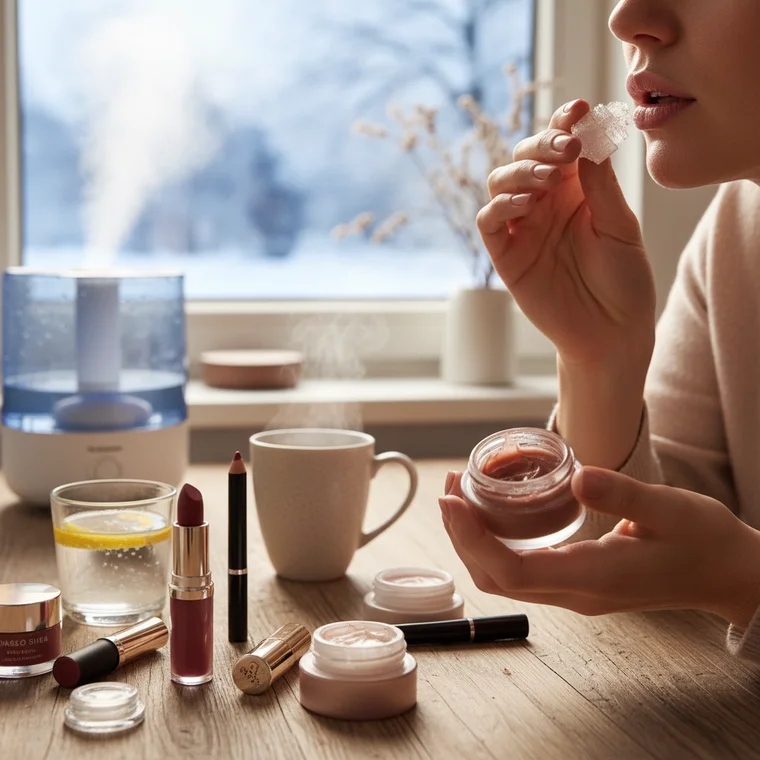 Zbliżenie na usta z matową pomadką i konturówką, krok po kroku aplikacja zimowego makijażu ust z ochroną przed wysuszeniem