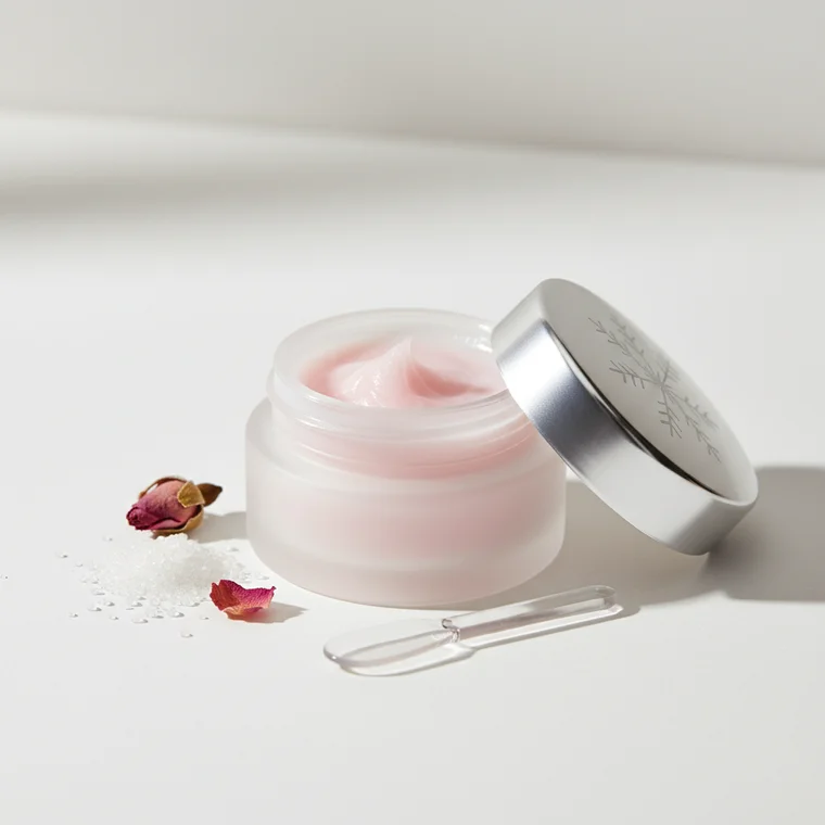 Kobieta z matową pomadką na ustach zimą, trzymająca balsam ochronny – pielęgnacja suchych ust i komfort noszenia matowej pomadki