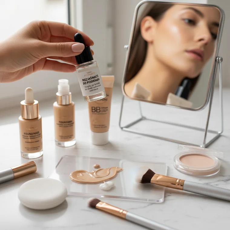 Zbliżenie na dłoń z kroplami podkładu i jasnego korektora, pokazujące jak wizualnie naprawić zbyt ciemny podkład w domu bez kupowania nowego