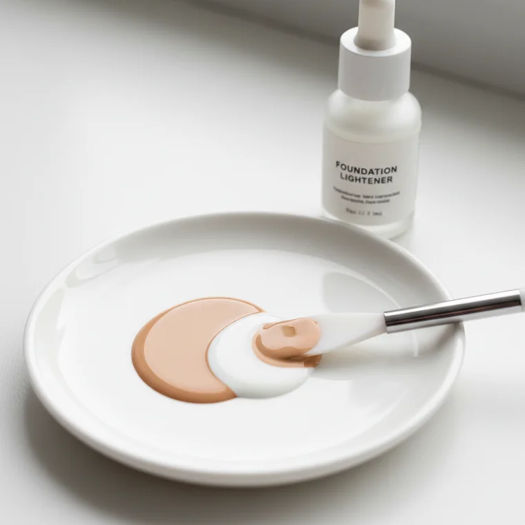 Kobieta miesza na dłoni zbyt ciemny podkład z rozjaśniaczem, pokazując jak naprawić zbyt ciemny podkład w domu bez kupowania nowego