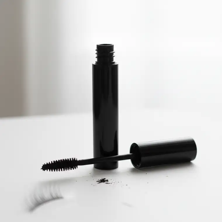 Kobieta w biurze z dopracowanym makijażem oczu, pokazująca jak tusz do rzęs może kruszyć się po kilku godzinach noszenia w pracy