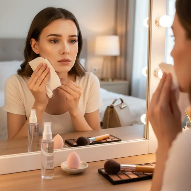 Modelka poprawiająca makijaż mgiełką utrwalającą, zmniejszanie efektu zbyt mocno napudrowanej twarzy przed romantyczną randką