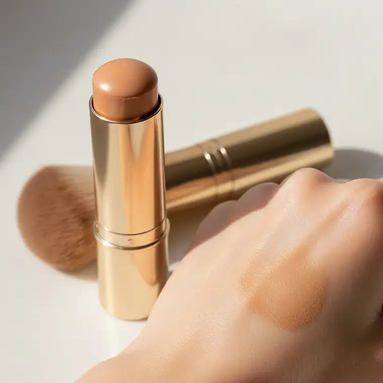 Kobieta z suchą cerą nakłada bronzer na policzki, pokazując jak uniknąć plam bronzera przy suchej skórze twarzy