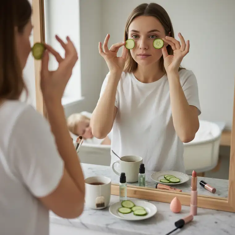 Mama wykonuje szybki makijaż: korektor, tusz do rzęs i róż na policzki, aby ukryć cienie pod oczami po nieprzespanej nocy