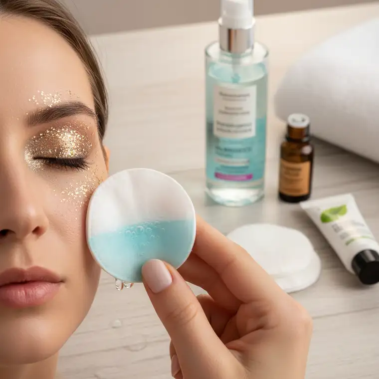 Kobieta z wrażliwą skórą wokół oczu wykonuje delikatny demakijaż brokatowego makijażu oczu przy użyciu płatków kosmetycznych