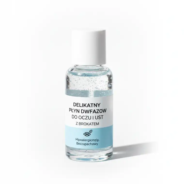 Zbliżenie na oko z brokatowym makijażem oczu, pokazujące delikatną, wrażliwą skórę oraz potrzebę łagodnego demakijażu brokatu