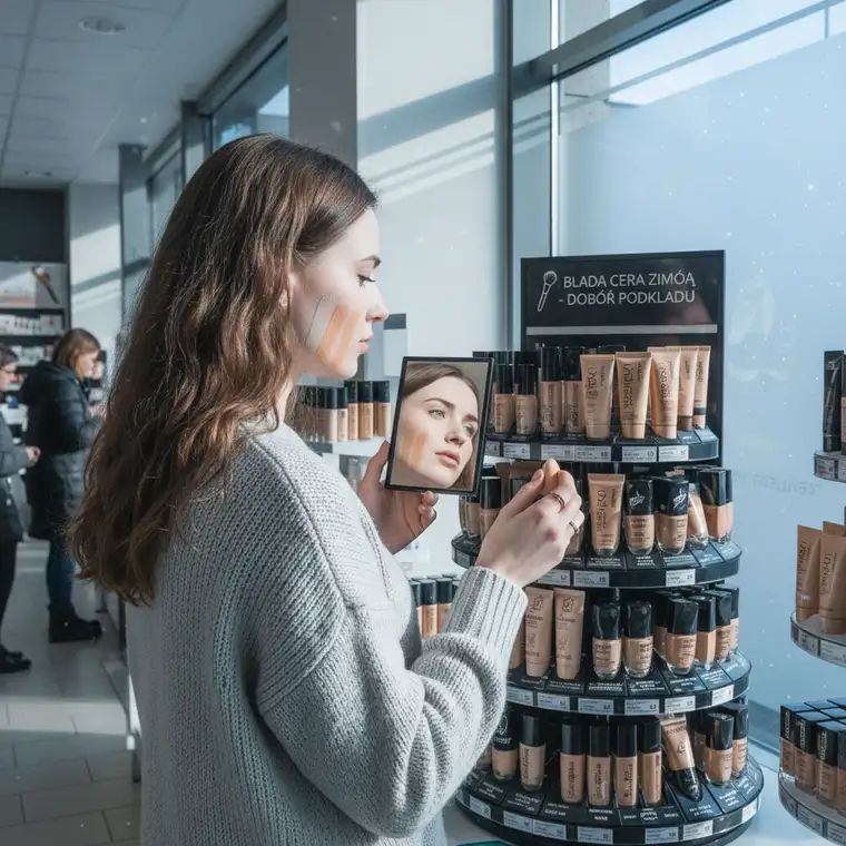 Jasna cera w zbliżeniu, kilka odcieni podkładu na linii żuchwy w świetle dziennym, ilustrujące dobór podkładu do bladej cery zimą
