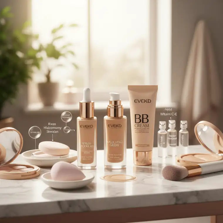 Butelka lekkiego podkładu serum do cery mieszanej po 30, stojąca obok pędzla i gąbeczki, idealna do uzyskania efektu glow