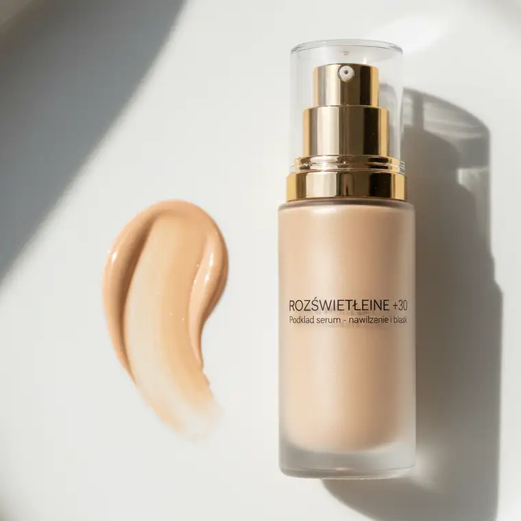 Kobieta po 30 z cerą mieszaną nakłada lekki podkład rozświetlający z efektem glow, by uzyskać zdrowy, promienny wygląd skóry