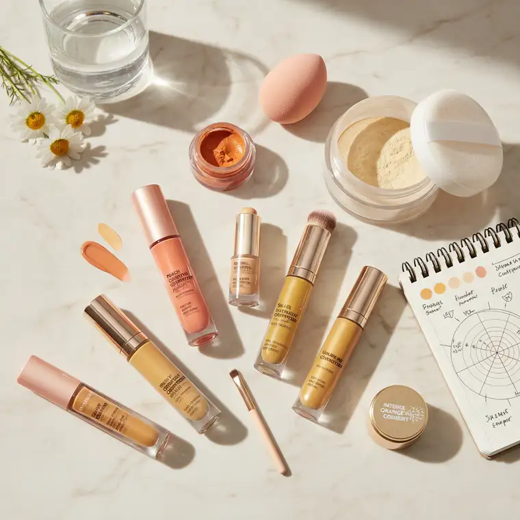 Aplikacja korektora na zneutralizowane niebieskie cienie pod oczami u osoby z żółtą cerą, pokazująca krok po kroku jak dobrać odcień korektora pod oczy