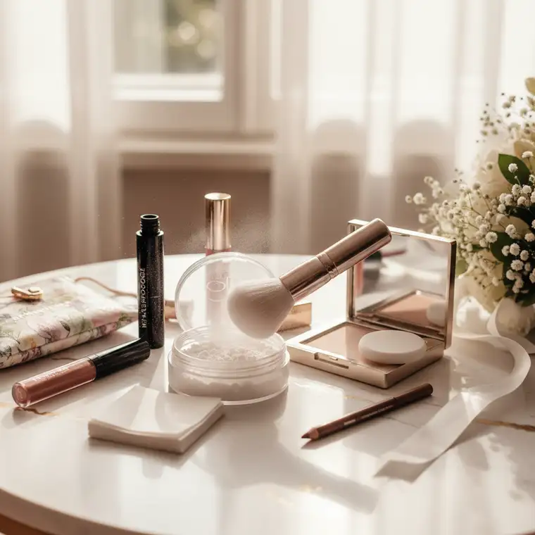 Kosmetyczka ślubna z pudrem sypkim i prasowanym oraz pędzlem, idealny zestaw do utrwalenia makijażu ślubnego latem