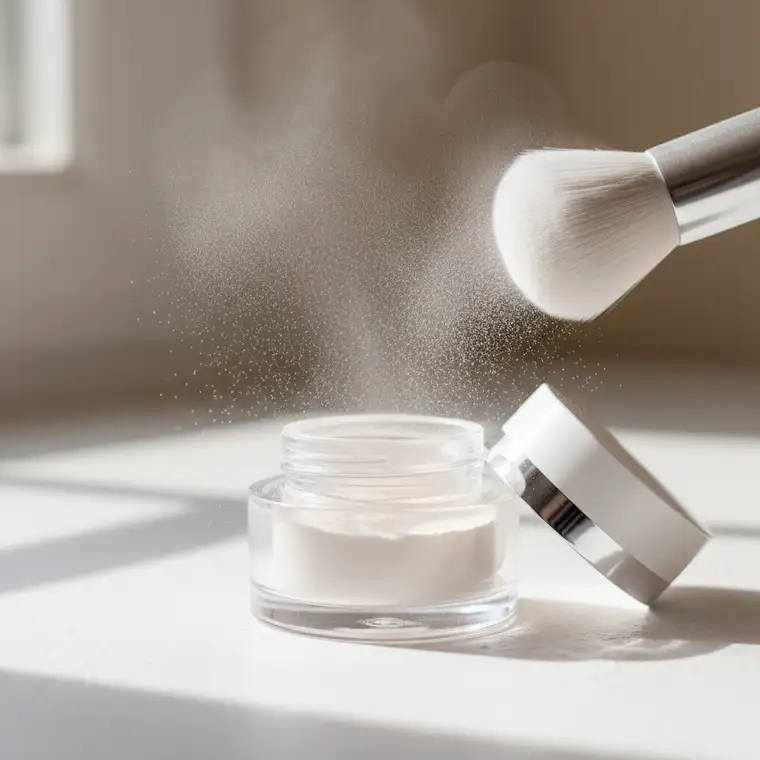 Panna młoda podczas wykonywania makijażu ślubnego, wizażystka utrwala makijaż pudrem idealnym na upalne lato