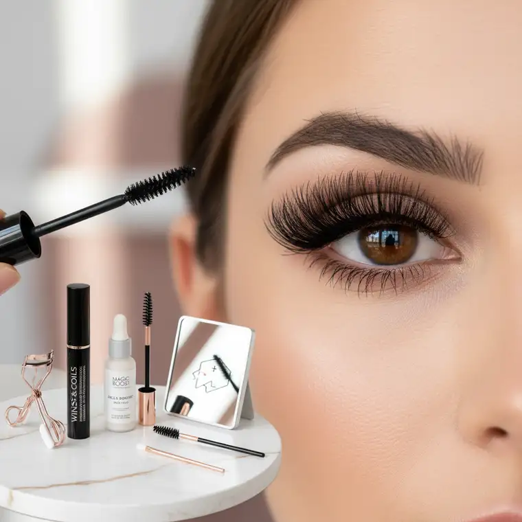 Modelka z mocno wytuszowanymi krótkimi rzęsami i dobrze dobraną szczoteczką, prezentująca efekt sztucznych rzęs po odpowiedniej aplikacji tuszu