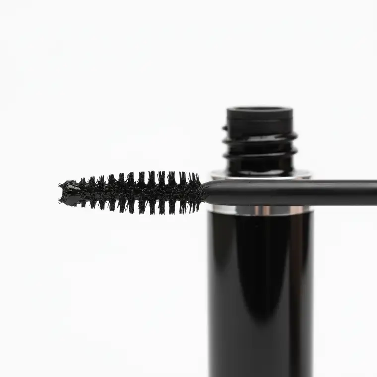 Zbliżenie na oko z krótkimi rzęsami w trakcie nakładania tuszu, pokazujące jak dobrać formułę tuszu do krótkich rzęs dla efektu sztucznych rzęs