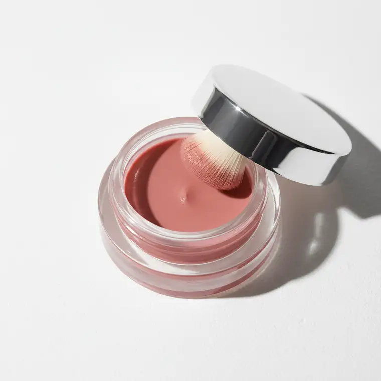 Kobieta po 35 roku życia nakłada kremowy róż na suchą cerę, pokazując jak dobra formuła różu podkreśla naturalny, promienny blask skóry