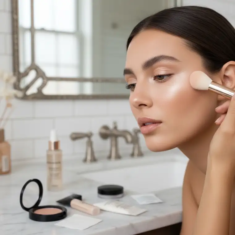 Makijaż krok po kroku z użyciem pudrowego rozświetlacza na tłustej skórze, pokazujący gdzie nakładać rozświetlacz, żeby nie wyglądać na spoconą