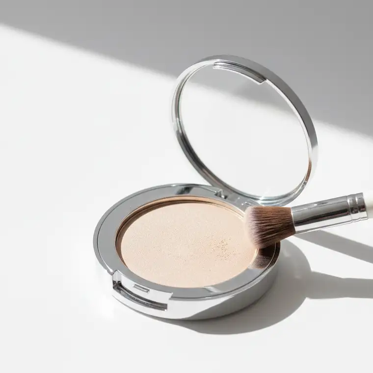 Zbliżenie na aplikację rozświetlacza na kości policzkowe u osoby z tłustą cerą, pokazujące jak dobrać rozświetlacz do tłustej skóry, żeby nie wyglądać na spoconą