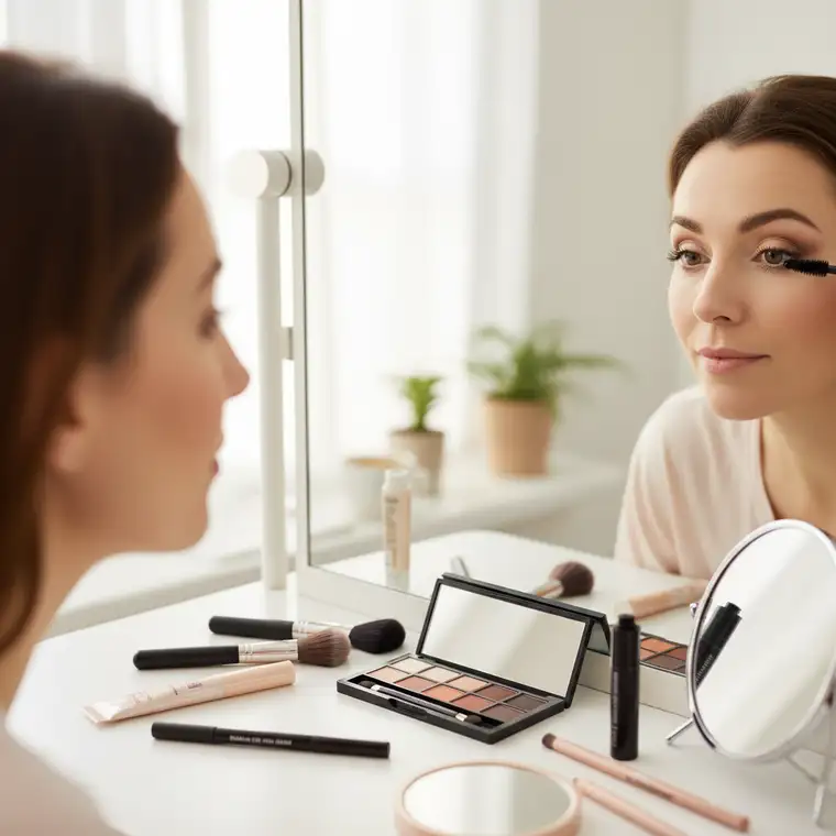 Zbliżenie na makijaż oczu z opadającą powieką, pokazujące krok po kroku cieniowanie i dobór kolorów cieni do dziennego makijażu