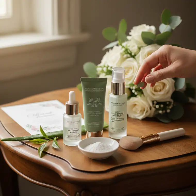 Zbliżenie na twarz z cerą trądzikową podczas aplikacji bazy wygładzającej pod makijaż na wesele, z naciskiem na strefę T i rozszerzone pory