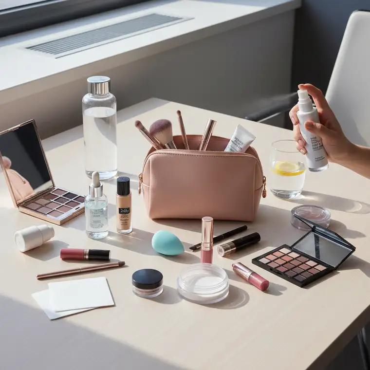 Zbliżenie na oczy i brwi z trwałym makijażem do klimatyzowanego biura, z podkreślonymi rzęsami, bazą pod cienie i naturalną stylizacją brwi