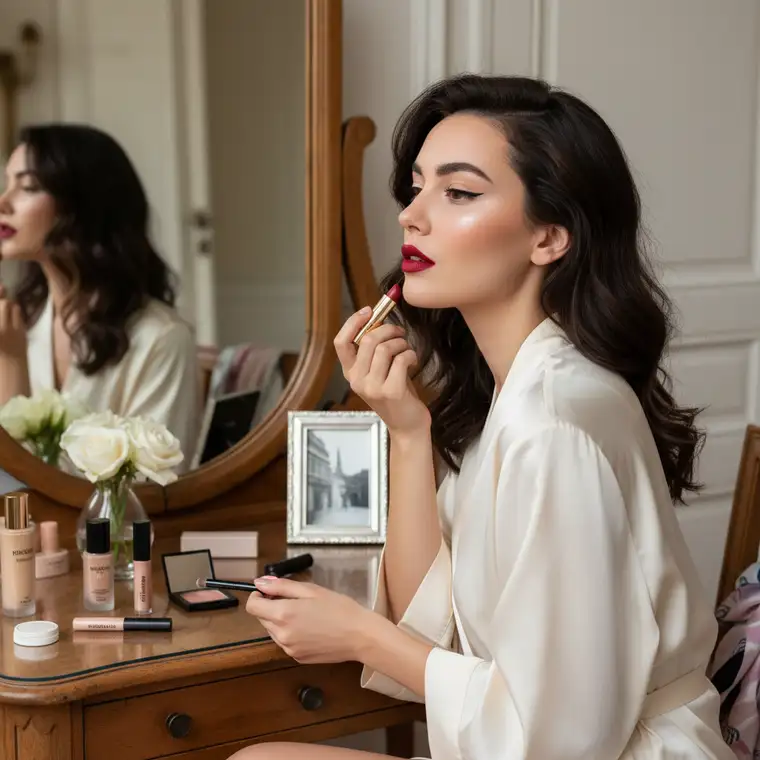 Brunetka z idealnie wytuszowanymi rzęsami, subtelną kreską eyelinerem i naturalnymi brwiami w stylu makijażu francuskiego dla kobiet po 25 roku życia