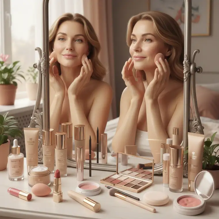 Dojrzała kobieta prezentuje liftingujący makijaż oczu i policzków, z delikatnym konturowaniem i rozświetleniem dla efektu odmłodzenia