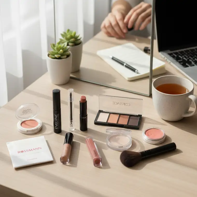 Zbliżenie na twarz z delikatnym makijażem oczu i ust w odcieniu nude, idealnym na rozmowę kwalifikacyjną bez użycia drogiej kolorówki