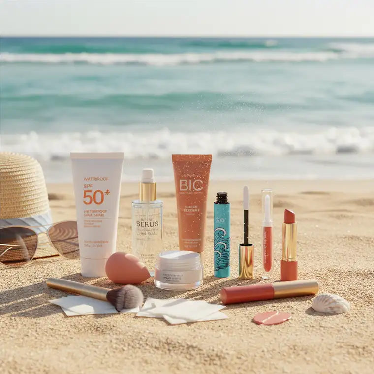 Zbliżenie na twarz z lekkim podkładem, korektorem i utrwaleniem pudrem; wakacyjny makijaż na upał nad morzem bez rolowania