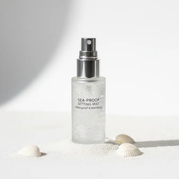 Kobieta z lekkim wakacyjnym makijażem na upał nad morzem, siedząca na plaży; trwały makijaż odporny na rolownie i wilgoć