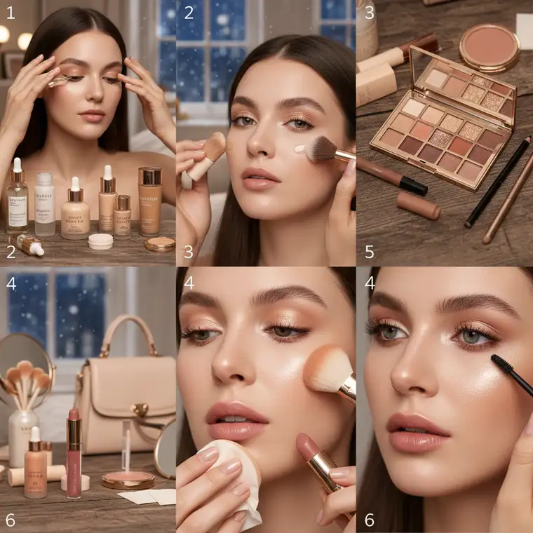 Subtelny, rozświetlony makijaż oczu i cery na zimową randkę, z podkreślonym spojrzeniem i naturalnym glow twarzy w wieczornym świetle