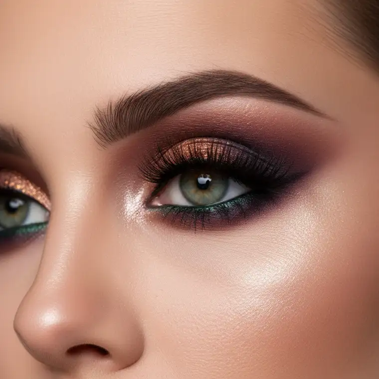 Wieczorowy makijaż smoky eyes dla zielonych oczu z błyszczącym cieniem na środku powieki i idealnie roztartymi krawędziami