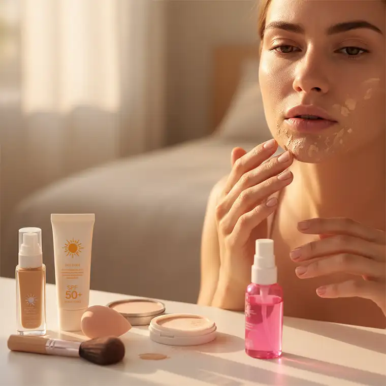 Makijaż nałożony na krem z filtrem SPF, utrwalony pudrem i mgiełką, prezentujący gładką cerę bez rolowania podkładu latem