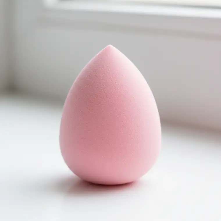 Ręka nakładająca podkład wilgotną gąbeczką do makijażu na twarz, pokazująca jak codziennie stosować gąbeczkę bez psucia cery i uzyskać naturalny efekt