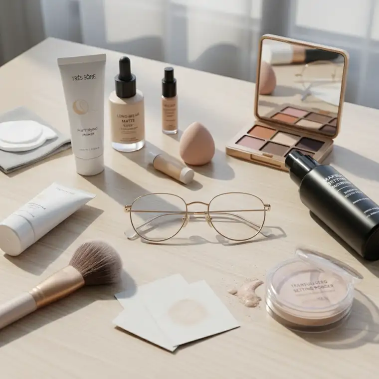 Zbliżenie na nos z okularami, utrwalony makijaż pod okularami bez przetarć i błyszczenia skóry na nosie