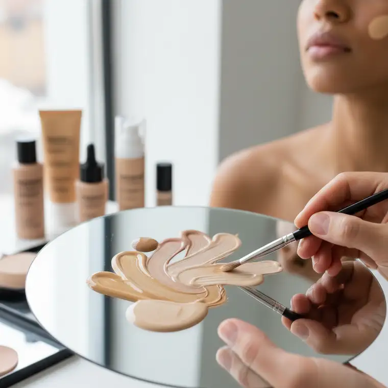 Makijażystka nakłada zmieszany podkład na twarz modelki, pokazując efekt idealnego dopasowania koloru i podtonu fluidu