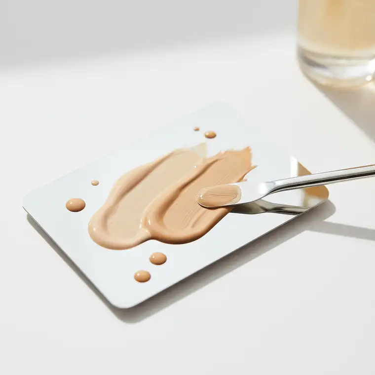 Kobieta mieszająca na dłoni dwa podkłady, aby idealnie dopasować kolor fluidu do odcienia skóry twarzy w codziennym makijażu