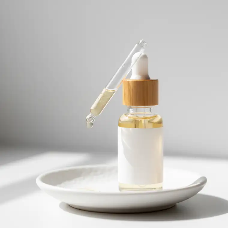 Kobieta analizuje, dlaczego po zmianie pielęgnacji makijaż gorzej się trzyma, trzymając podkład i krem do twarzy przed lustrem