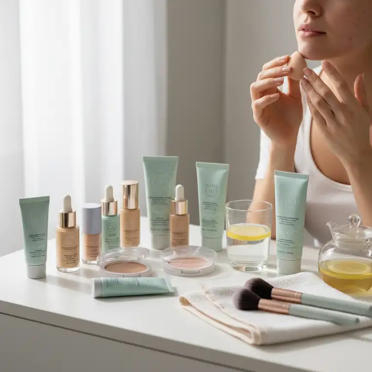 Delikatny demakijaż kobiety z trądzikiem hormonalnym, pokazujący jak ważne jest zmywanie pełnego makijażu przy problematycznej cerze