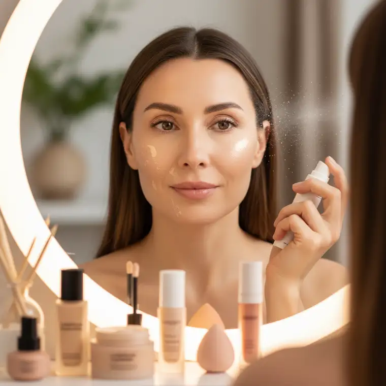 Dojrzała cera z efektem glow po nałożeniu lekkiego podkładu rozświetlającego zamiast matującego, pokazująca różnicę w odmładzającym makijażu