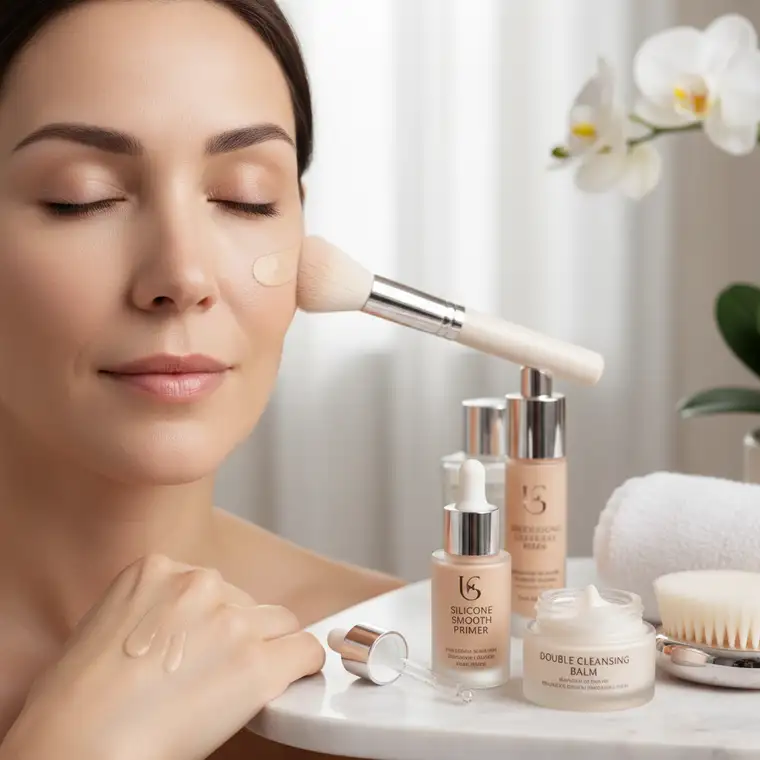 Produkty do makijażu i pielęgnacji dla cery dojrzałej, w tym silikonowa baza pod makijaż i delikatne kosmetyki do demakijażu