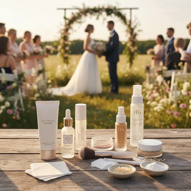 Makijażystka nakłada bazę matującą na strefę T panny młodej z cerą tłustą podczas przygotowań do ślubu w plenerze