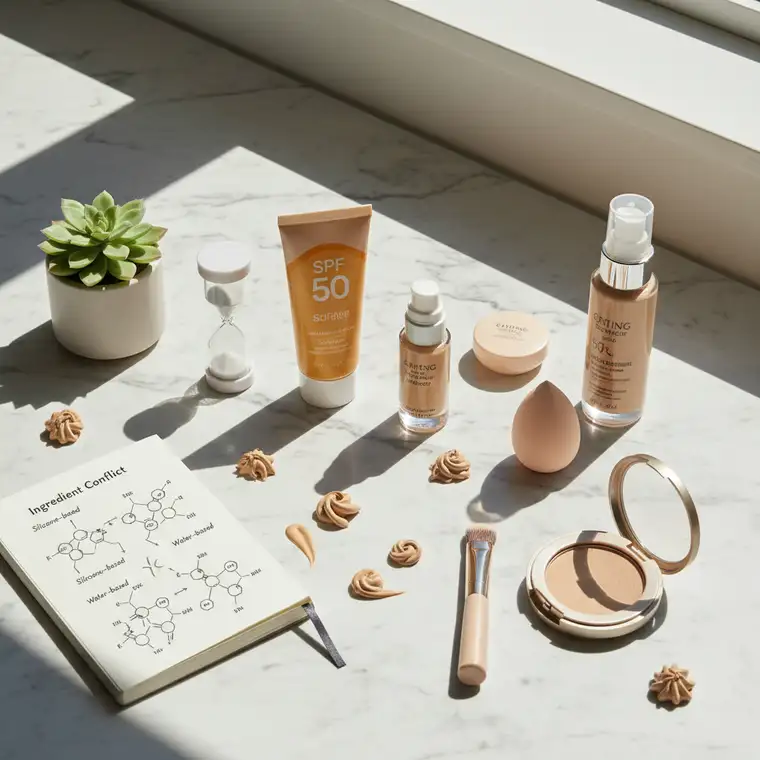 Zbliżenie na twarz z letnim makijażem na kremie z filtrem SPF 50, bez rolowania bazy, w upalne i wilgotne dni