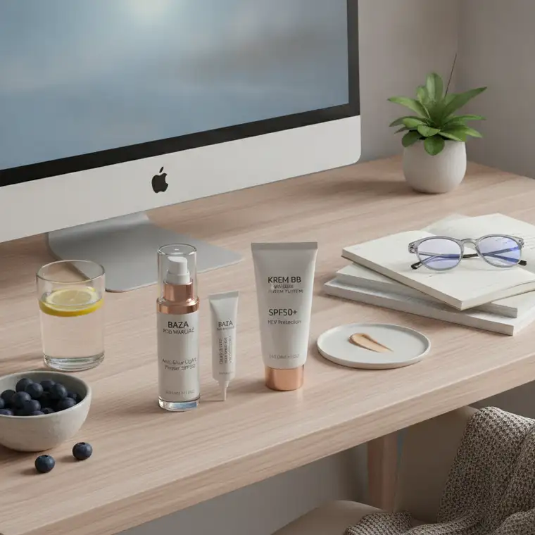 Zbliżenie na dłonie nakładające krem BB z wysokim filtrem SPF obok bazy pod makijaż podczas porannej rutyny przed komputerem