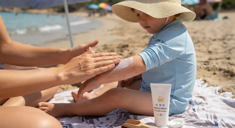 Krem z filtrem mineralnym SPF 50 dla dzieci z alergią słoneczną stosowany przed wyjściem na słońce, by uniknąć podrażnień i wysypki