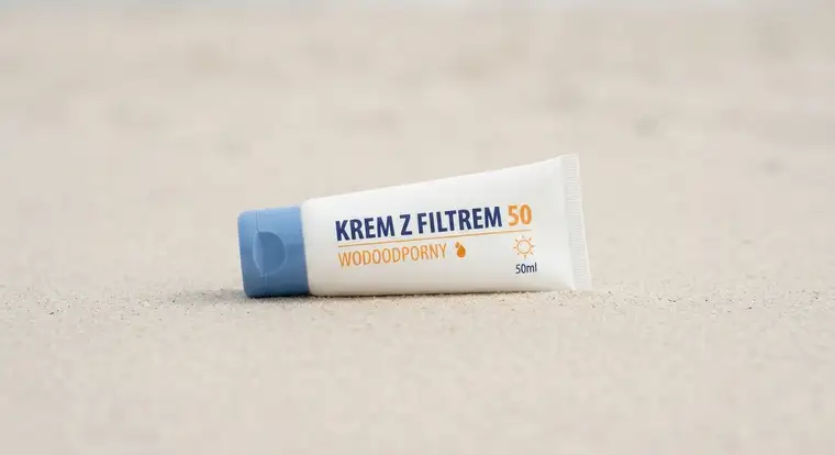 Krem z filtrem 50 na plaży nad morzem, wysoka ochrona przeciwsłoneczna pomaga uzyskać delikatną opaleniznę bez poparzenia