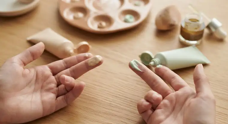 Aplikacja kremu BB na skórę twarzy opuszkami palców, delikatne wklepywanie produktu w celu uzyskania naturalnego, lekkiego krycia